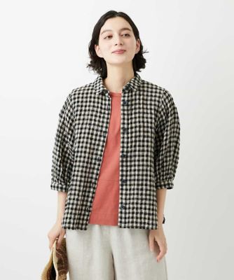 【美品】21ss♦︎ハウスオブロータス リネンシャツ　チェック　ゆったり　オーバー セットアップ対応］リネンコットンギンガムチェックブラウス | GIANNI