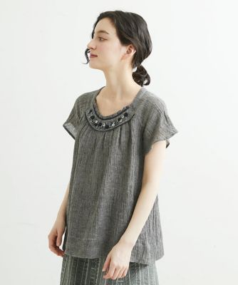 ＜三越伊勢丹/公式＞【SALE】GIANNI LO GIUDICE(Women/小さいサイズ)/ジャンニロジュディチェ リネン楊柳ボタンビジューブラウス ベージュ82 トップス【三越伊勢丹/公式】