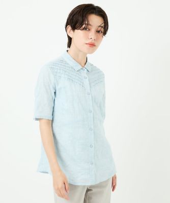 コットンリネンドット柄ピンタック半袖ブラウス