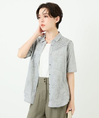 コットンリネンドット柄ピンタック半袖ブラウス