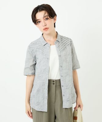 コットンリネンドット柄ピンタック半袖ブラウス