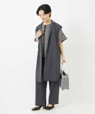 バックレース刺繍切替ボーダー柄半袖ポンチプルオーバー