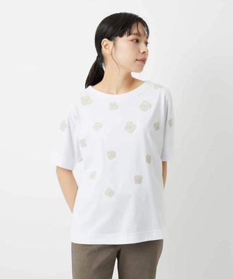 2023 美品✨ドゥロワー Drawer ビジュー＆刺繍 カットソー Tシャツ 天竺フラワー刺繍カットソー | GIANNI LO GIUDICE(Women/小さいサイズ