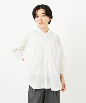 ＜GEORGES RECH (Women/小さいサイズ)＞バンドカラーハンドスモッキング７分袖ブラウス