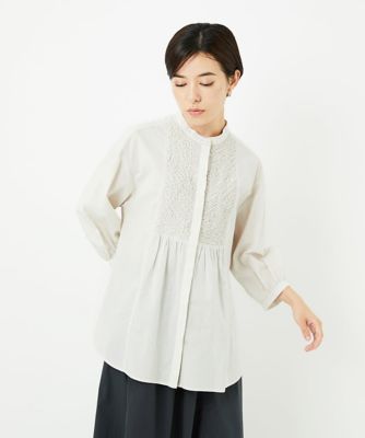 バンドカラーシャーリングコットン7分袖ブラウス | GEORGES RECH