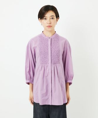 バンドカラーシャーリングコットン7分袖ブラウス | GEORGES RECH