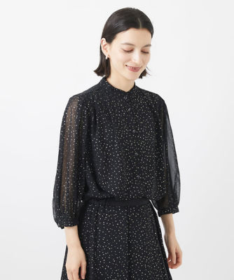 セットアップ対応］ランダムドット箔プリントボウタイブラウス