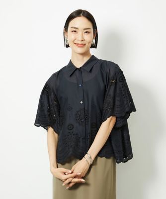 トゥモローランド　ジオメトリックカットレースブラウス　グリーン SHIHOさん着用洗えるジオメトリックフラワーレースクロップド丈