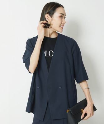 ［小さいサイズ／セットアップ対応］リネンライク５分袖ノーカラージャケット