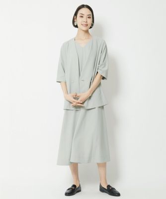 ［小さいサイズ／セットアップ対応］リネンライク５分袖ノーカラージャケット