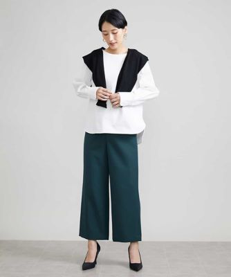 ［小さいサイズ］ストレッチワイドパンツ（定番シルエット／裏地なし／長め）
