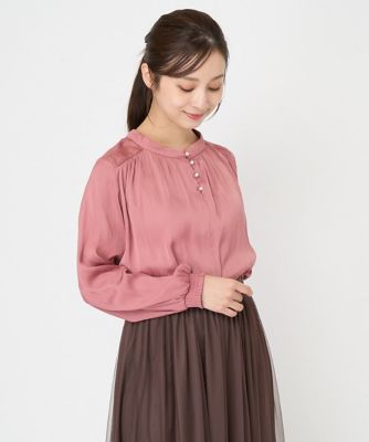 小さいサイズ】起毛サテンパール調釦ブラウス／前後2way