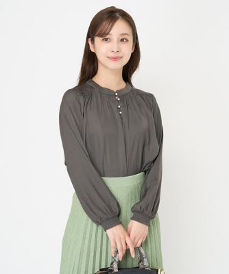 【小さいサイズ】起毛サテンパール調釦ブラウス/前後2way/洗える 小さいサイズ】起毛サテンパール調釦ブラウス／前後2way
