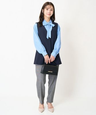 【小さいサイズ】リボンタイ付きパール調釦ブラウス／洗える