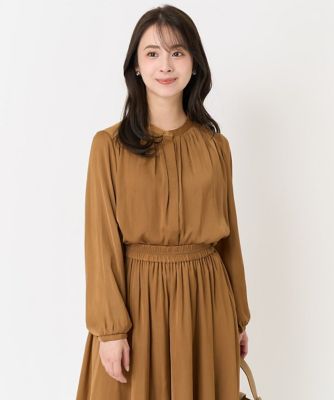 【小さいサイズ】起毛サテンバンドカラーブラウス／洗える
