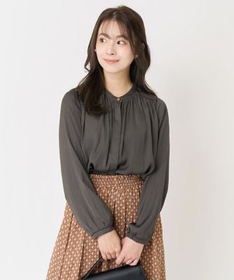 【小さいサイズ】起毛サテンバンドカラーブラウス／洗える