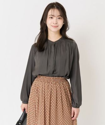 【小さいサイズ】起毛サテンバンドカラーブラウス／洗える