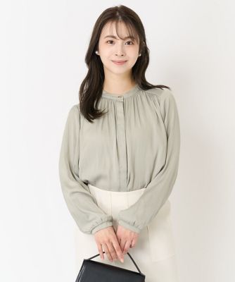 【小さいサイズ】起毛サテンバンドカラーブラウス／洗える