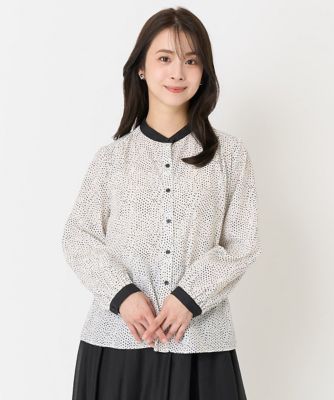 【小さいサイズ】配色タイ付きドット柄バンドカラーブラウス／洗える