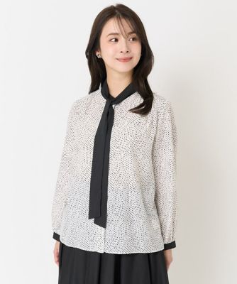 【小さいサイズ】配色タイ付きドット柄バンドカラーブラウス／洗える