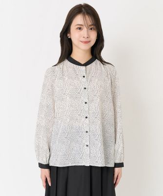 【小さいサイズ】配色タイ付きドット柄バンドカラーブラウス／洗える