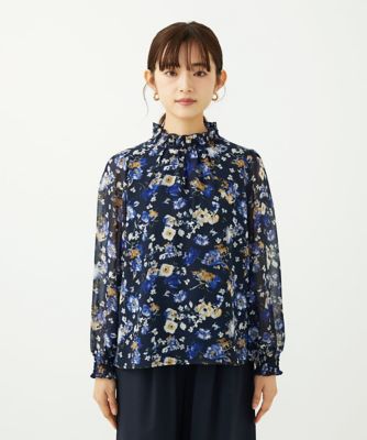 小さいサイズ】クラシックフラワープリント シフォンブラウス