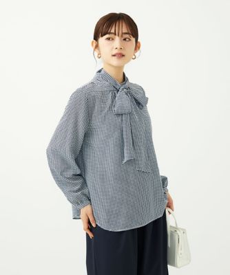 ＜MK MICHEL KLEIN（Women/小さいサイズ）＞【小さいサイズ】ボウタイ付き千鳥柄プリントブラウス／洗濯機で洗える