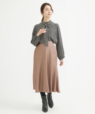 【小さいサイズ】スクエア幾何柄ボウタイシフォンブラウス／洗える