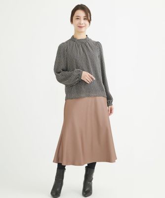 【小さいサイズ】スクエア幾何柄ボウタイシフォンブラウス／洗える