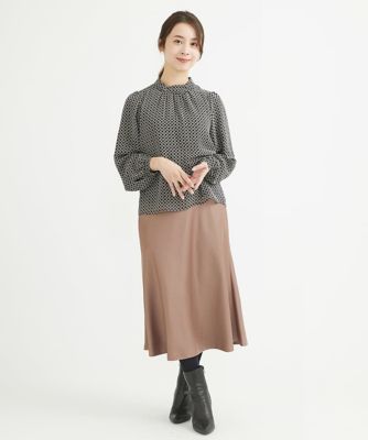 【小さいサイズ】スクエア幾何柄ボウタイシフォンブラウス／洗える