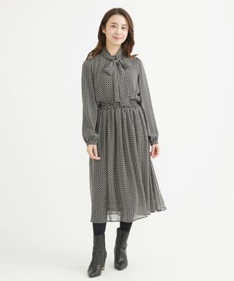 【小さいサイズ】スクエア幾何柄ボウタイシフォンブラウス／洗える