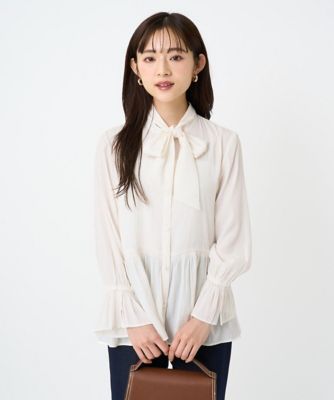 ＜MK MICHEL KLEIN（Women/小さいサイズ）＞【小さいサイズ】パウダーサテン　ボウタイブラウス／洗濯機で洗える