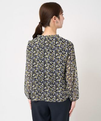 小さいサイズ】ギャザーフリルネック花柄シフォンブラウス／洗える