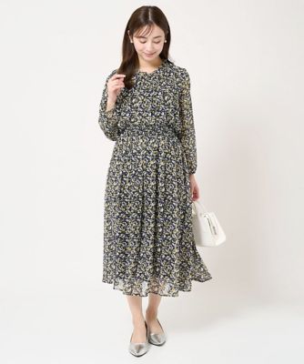 小さいサイズ】ギャザーフリルネック花柄シフォンブラウス／洗える