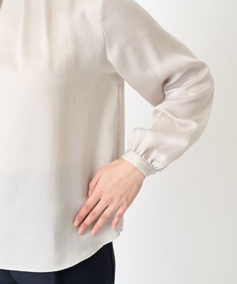 【小さいサイズ】フリルネックデザインサテンワッシャーブラウス／洗える