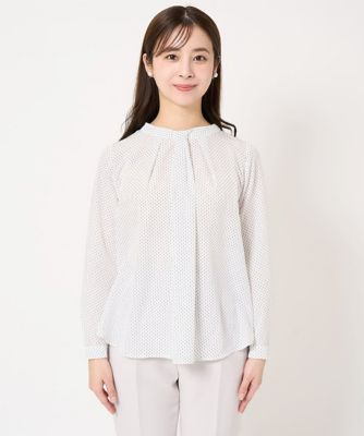 【小さいサイズ】ボウタイ風幾何ドット柄ブラウス／洗える