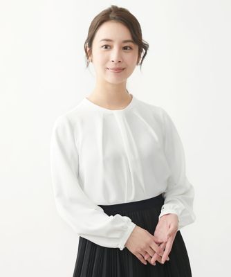 【小さいサイズ】ボウタイ風タックデザインブラウス／洗える