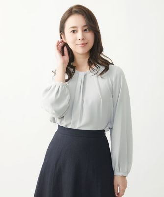 【小さいサイズ】ボウタイ風タックデザインブラウス／洗える