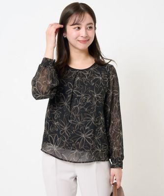 【小さいサイズ】ラインフラワーシフォンブラウス／洗える