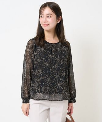 【小さいサイズ】ラインフラワーシフォンブラウス／洗える