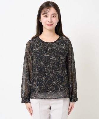 【小さいサイズ】ラインフラワーシフォンブラウス／洗える