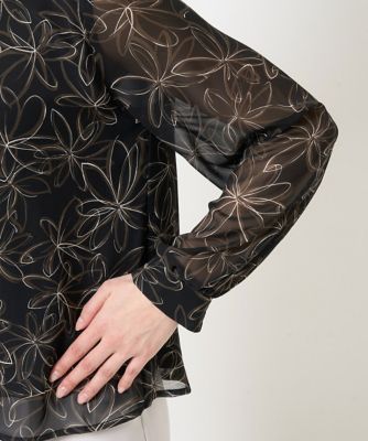 【小さいサイズ】ラインフラワーシフォンブラウス／洗える