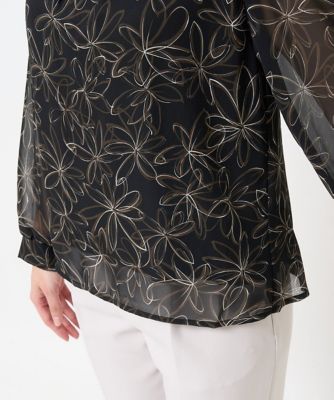 【小さいサイズ】ラインフラワーシフォンブラウス／洗える