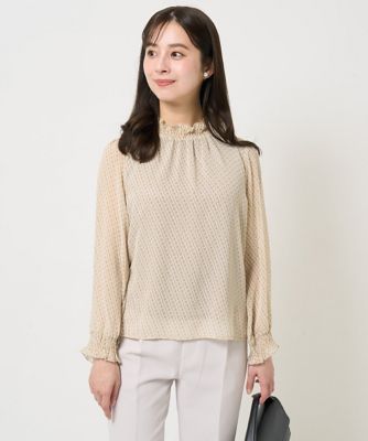 【小さいサイズ】幾何柄シフォンスタンドカラーブラウス／洗える