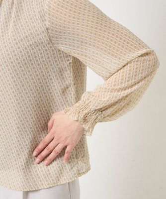 【小さいサイズ】幾何柄シフォンスタンドカラーブラウス／洗える