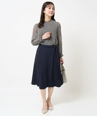 【小さいサイズ】幾何柄シフォンスタンドカラーブラウス／洗える