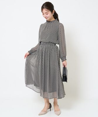 【小さいサイズ】幾何柄シフォンスタンドカラーブラウス／洗える