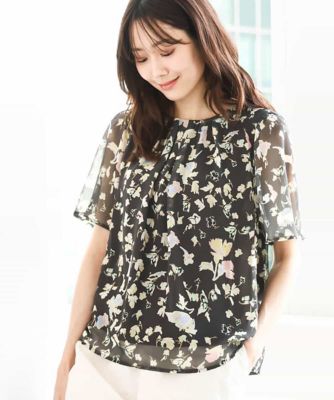 【小さいサイズ】フレアースリーブ花柄シフォンブラウス／洗える