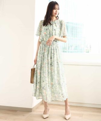 【小さいサイズ】フレアースリーブ花柄シフォンブラウス／洗える