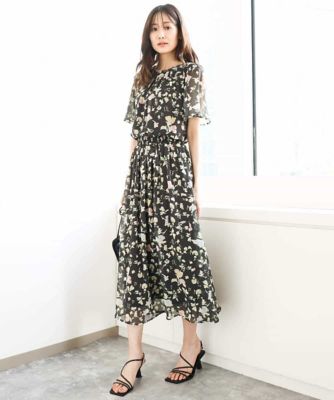 【小さいサイズ】フレアースリーブ花柄シフォンブラウス／洗える